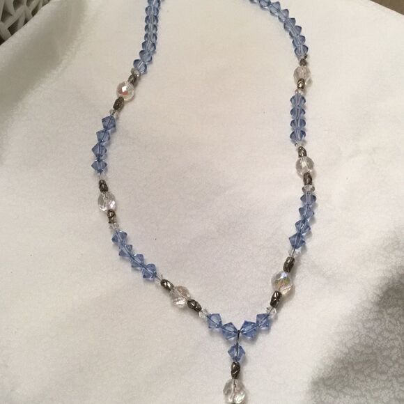 Silvertone, Blue and Clear Crystal Necklace - Picture 7 of 9